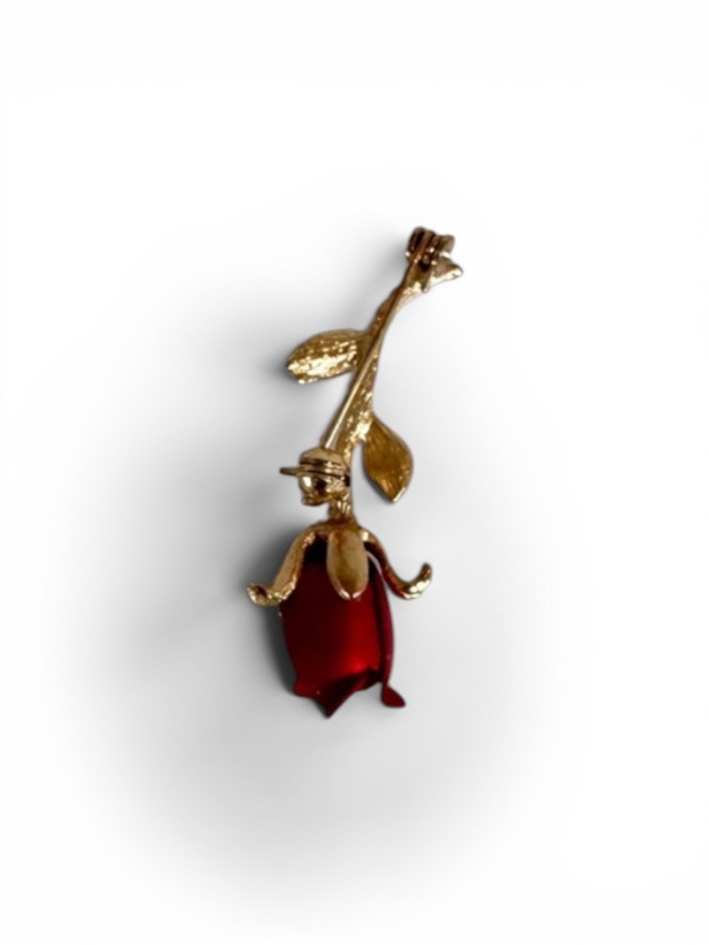 Vintage Red Rose Brooch Gold Tone Long Stem Floral Pin Romantic Jewelry - Picture 3 of 4
